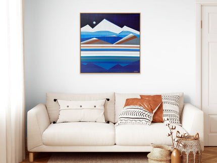 Shilo Ratner geometric mountain painting with full moon reflection - meditative abstract landscape art