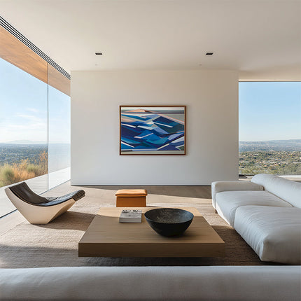 Geometric abstract painting displayed on a white wall, showing structured form and color in an interior setting- Artist Shilo Ratner