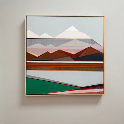 Vista 30x30 geometric mountain painting by United States artist Shilo Ratner - minimalist abstract art with earthy tones