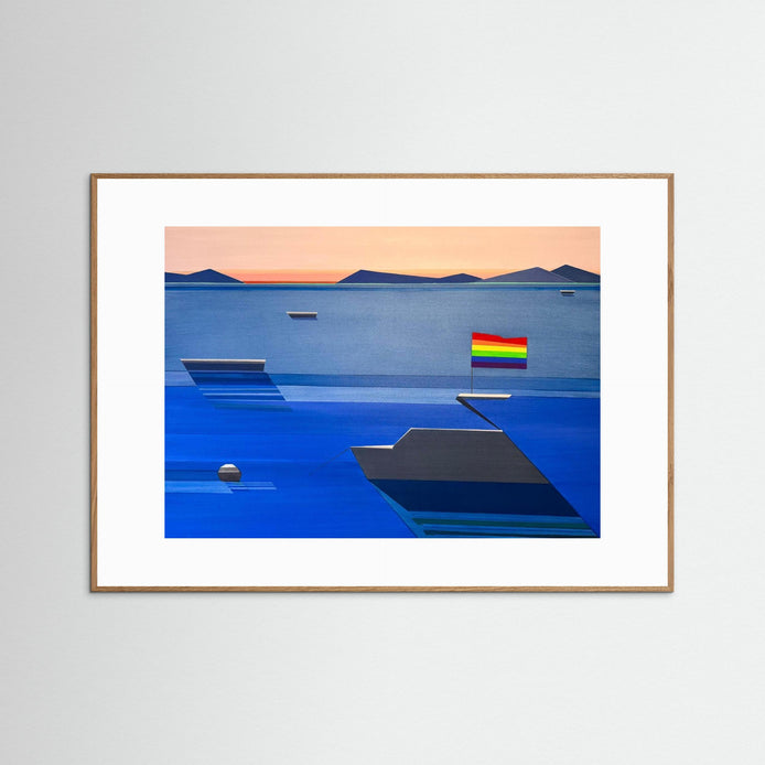 A Boat Named Freedom geometric sailboat print with rainbow pride flag - framed nautical abstract art by Shilo Ratner