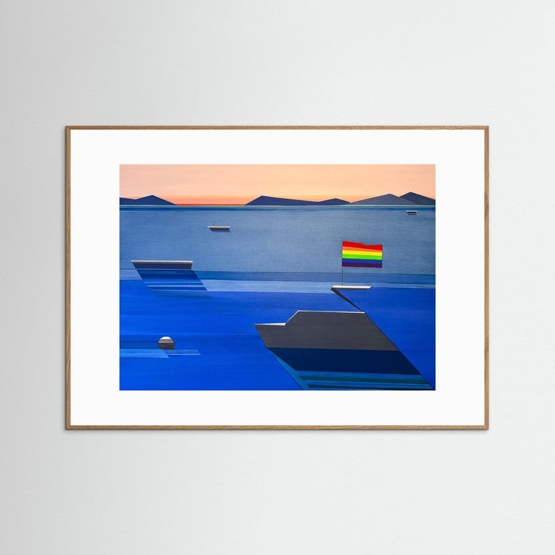 A Boat Named Freedom geometric sailboat print with rainbow pride flag - framed nautical abstract art by Shilo Ratner