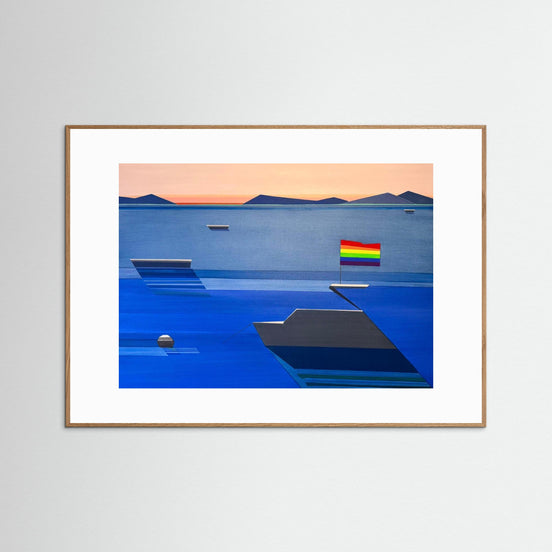 A Boat Named Freedom geometric sailboat print with rainbow pride flag - framed nautical abstract art by Shilo Ratner