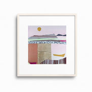 Original 6x6 mountain and boat collage on paper, gold green and earth tones, by Shilo Ratner