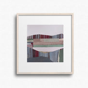 Original 6x6 mixed media collage art, grey green and pink stone landscape, framed, by Shilo Ratner