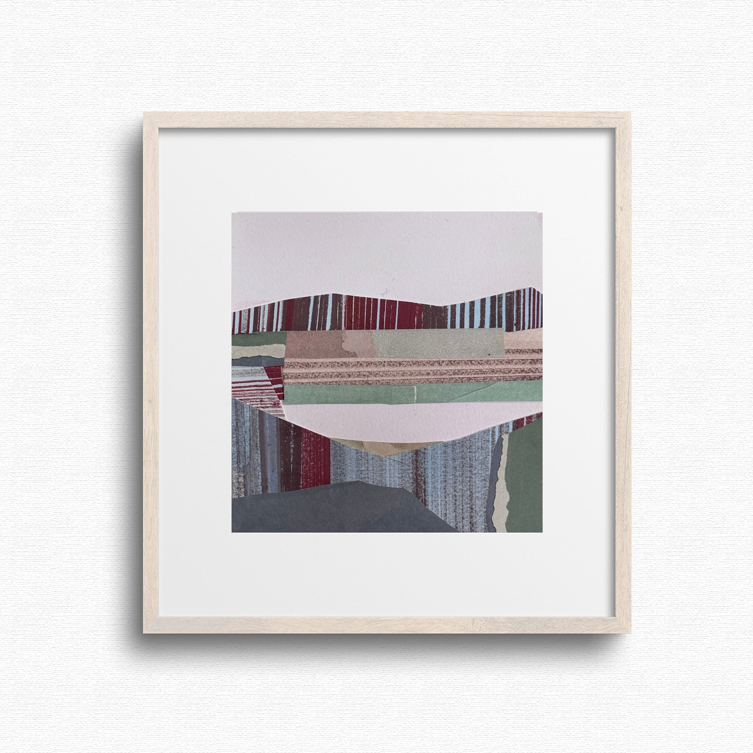 Original 6x6 mixed media collage art, grey green and pink stone landscape, framed, by Shilo Ratner