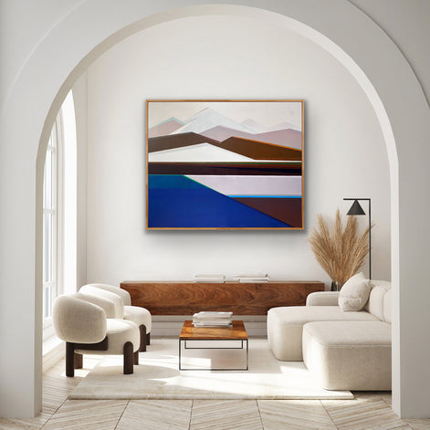 Artist Shilo Ratner, Standing Guard Painting, 48in x 60in, Modern living room with abstract art on the wall, white furniture, and a wooden coffee table.