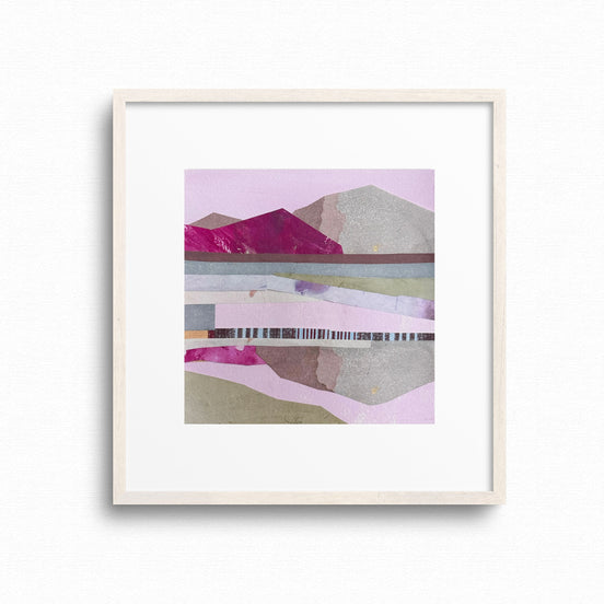Original 6x6 river landscape collage on paper, blue green and earth tones, by Shilo Ratner