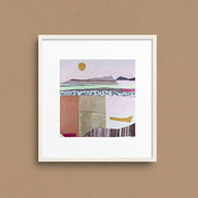 Framed 10x10 original collage art, golden boat mountain landscape, wood frame ready to hang, by Shilo Ratner