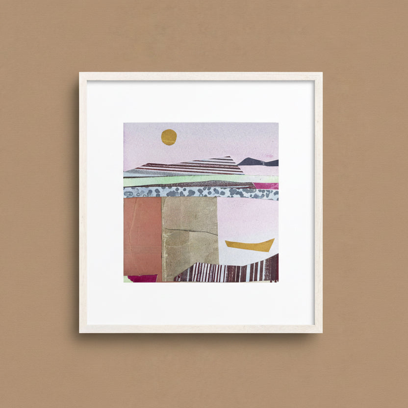 Framed 10x10 original collage art, golden boat mountain landscape, wood frame ready to hang, by Shilo Ratner