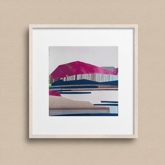 Artist_Shilo_Ratner_Halfmoon_Bay_6in_x_6in_Original_Collage_on_Paper, Framed abstract art print with geometric shapes on a light brown background