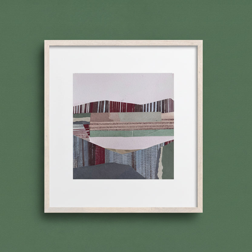 Framed small wall art 6x6 stone landscape collage hung in home office, grey and pink abstract, by Shilo Ratner