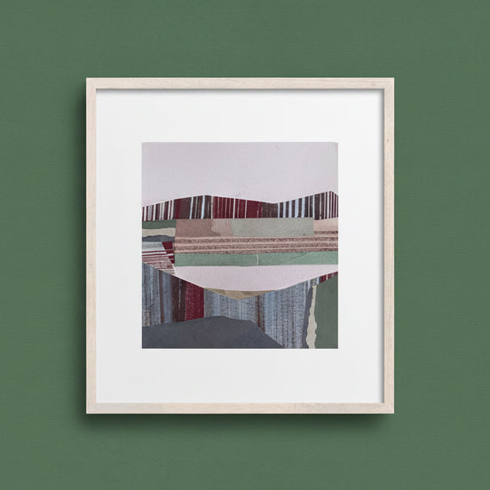 Framed small wall art 6x6 stone landscape collage hung in home office, grey and pink abstract, by Shilo Ratner