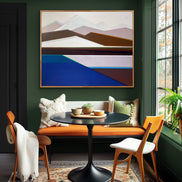 Artist Shilo Ratner, Standing Guard Painting, 48in x 60in, Modern interior with abstract art, seating area, and decorative elements.