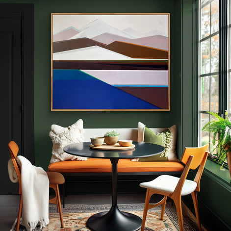 Artist Shilo Ratner, Standing Guard Painting, 48in x 60in, Modern interior with abstract art, seating area, and decorative elements.