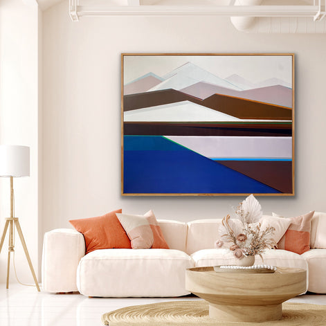 Artist Shilo Ratner, Standing Guard Painting, 48in x 60in, Modern living room with a white sofa, abstract painting, and decorative items.