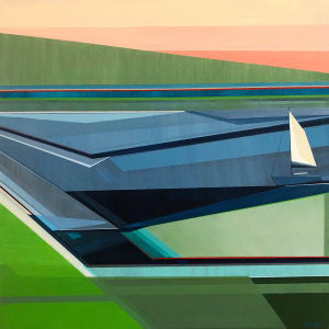 Geometric sailboat painting Sail-Away 36x36 by Shilo Ratner - original coastal art with blue-water and sunset