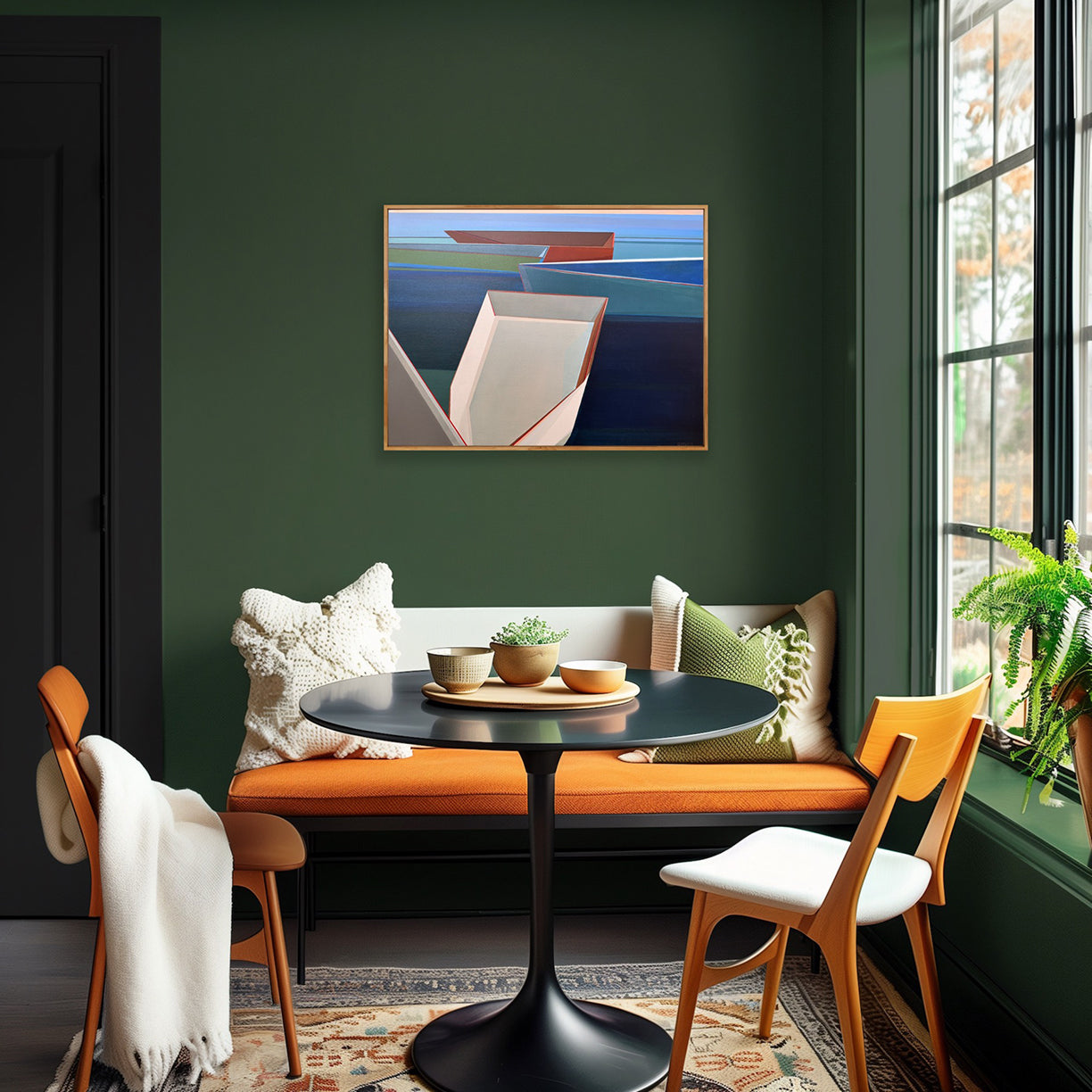 Geometric boat painting Harbor 30x40 by Shilo Ratner - coastal art on green wall with modern decor