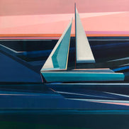 Geometric sailboat painting 36x36 by Shilo Ratner - original coastal art with blue water and pink sunrise