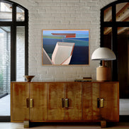 Harbor 30x40 geometric boat painting by Shilo Ratner - coastal art above wooden sideboard on brick wall