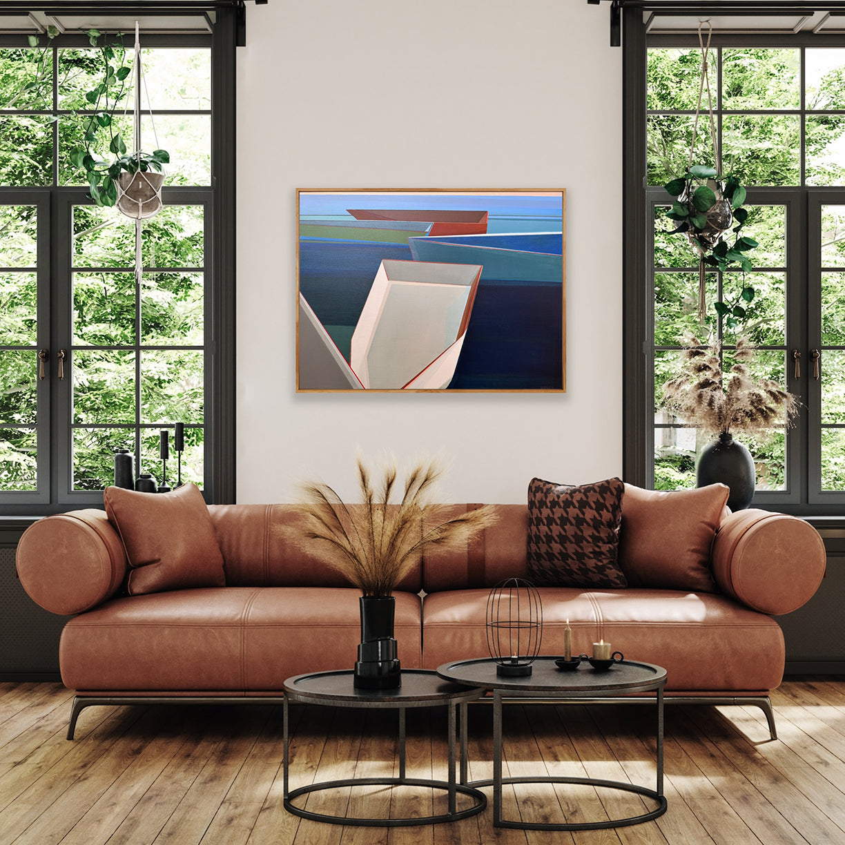 Harbor 30x40 geometric boat painting by Shilo Ratner - modern coastal art in contemporary living room