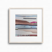 Original 6x6 mixed media collage Every Cloud Has a Silver Lining by artist Shilo Ratner  on paper, pink and neutral palette, framed
