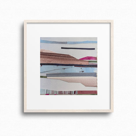 Original 6x6 mixed media collage Every Cloud Has a Silver Lining by artist Shilo Ratner  on paper, pink and neutral palette, framed
