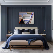 Geometric boat painting By-the-Dock 30x40 by Shilo Ratner - coastal art in modern bedroom with blue walls