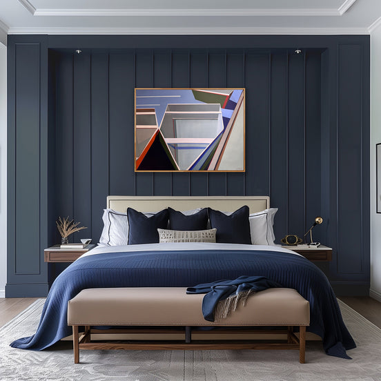 Geometric boat painting By-the-Dock 30x40 by Shilo Ratner - coastal art in modern bedroom with blue walls