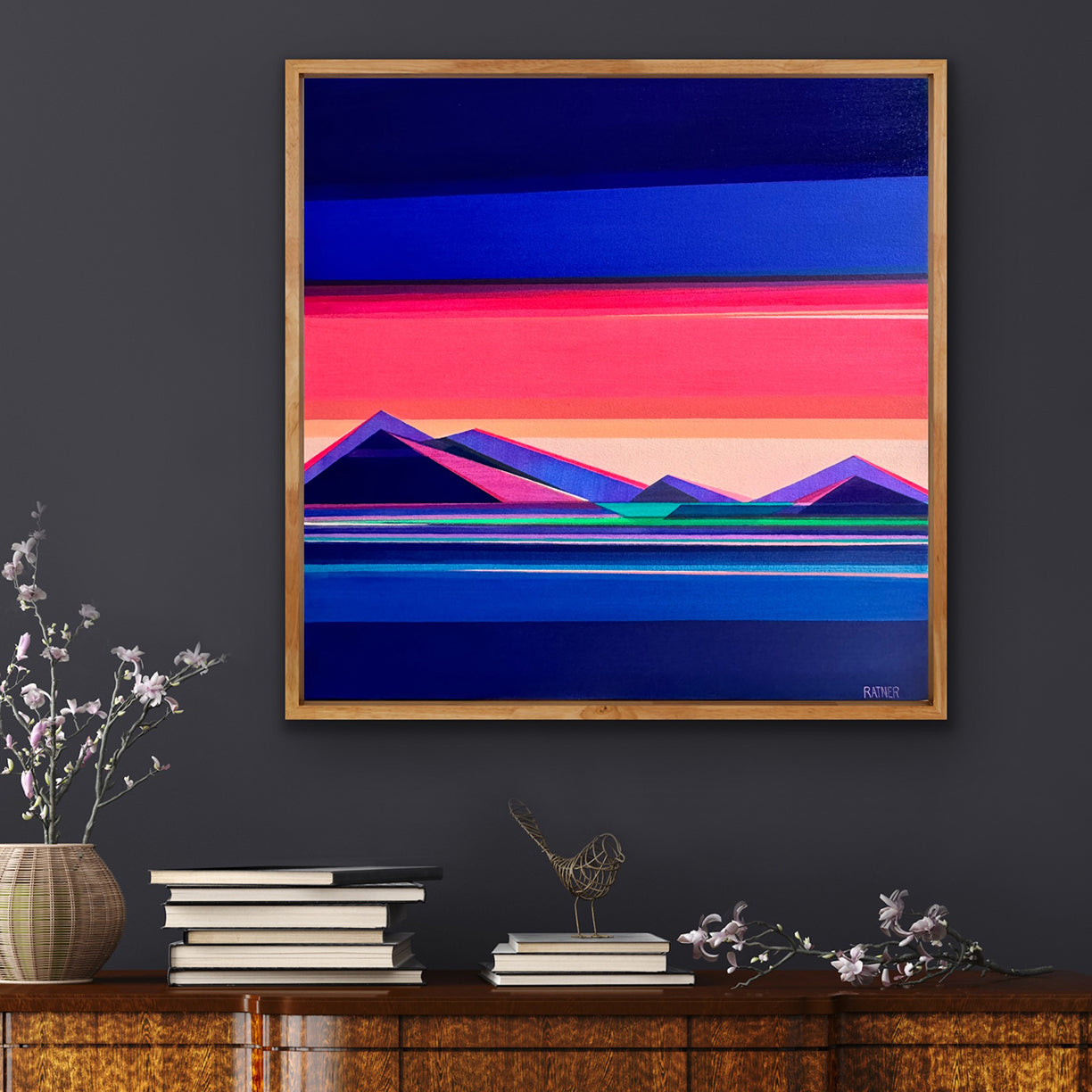 Chasing Daylight hot pink and blue geometric art on dark wall by New Haven artist Shilo Ratner | original 30x30 abstract mountain landscape