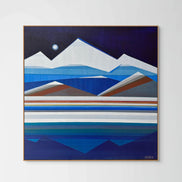 Full Moon Mountain 30x30 original geometric landscape Shilo Ratner blue and white mountain art