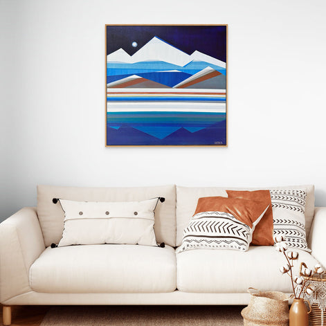 Full Moon Mountain geometric abstract art in modern living room by New Haven artist Shilo Ratner