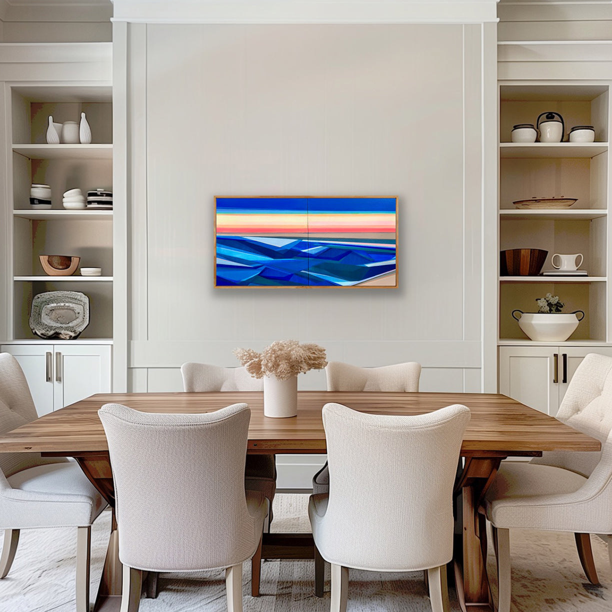 Shilo Ratner Rise abstract painting 20x40 in contemporary dining room setting
