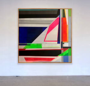 Abstract painting 60x60 colorful geometric art Love is Love by Shilo Ratner on studio wall