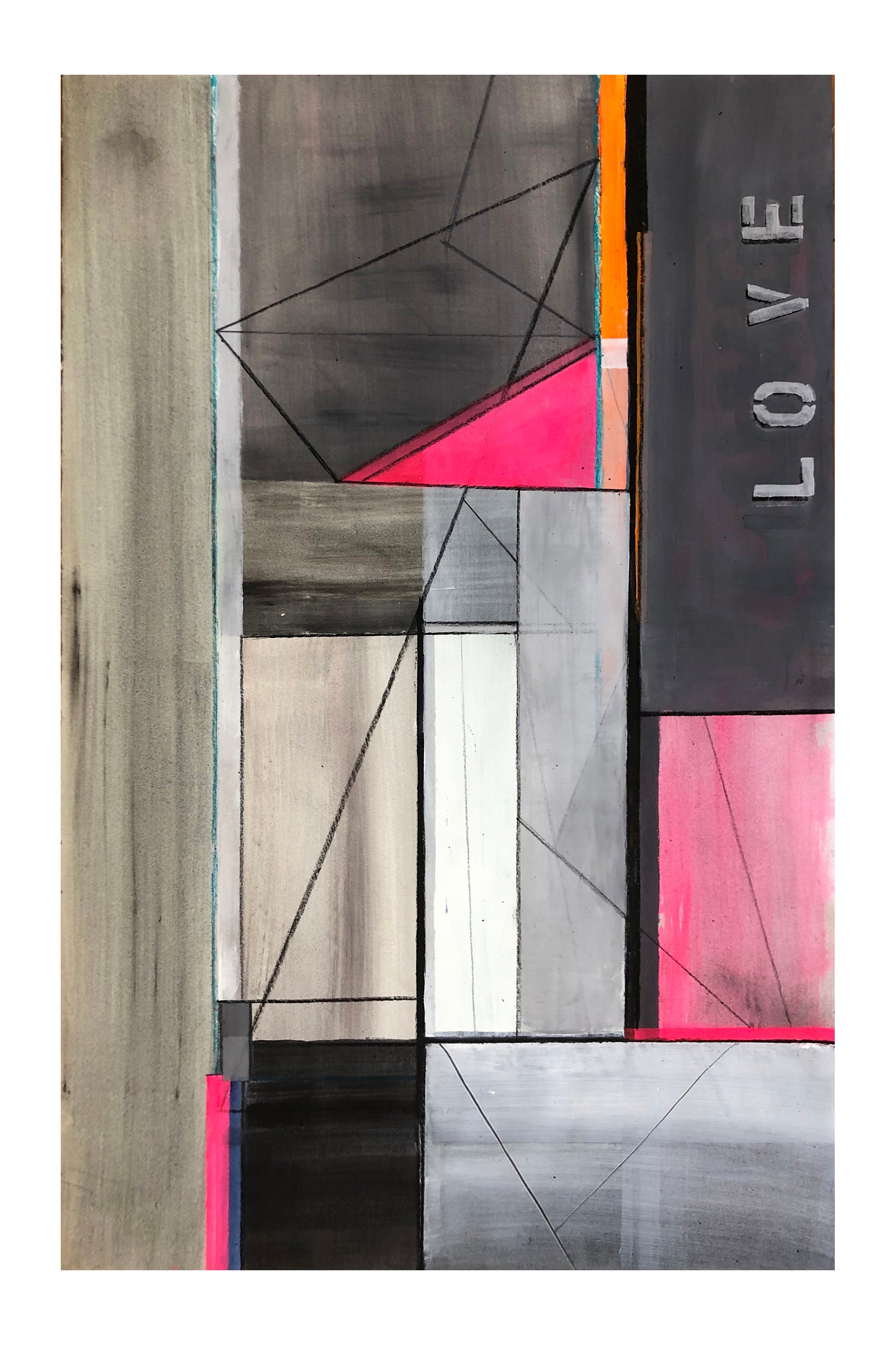 LV No. 3: Original 44x28 abstract art by Shilo Ratner. Mixed media on paper with expressive linear design and LOVE text. Framed, ready to hang. Modern wall art