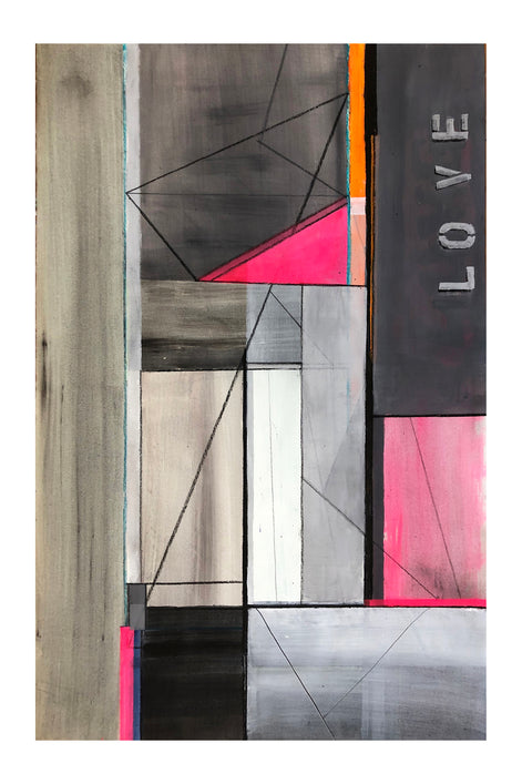 LV No. 3: Original 44x28 abstract art by Shilo Ratner. Mixed media on paper with expressive linear design and LOVE text. Framed, ready to hang. Modern wall art