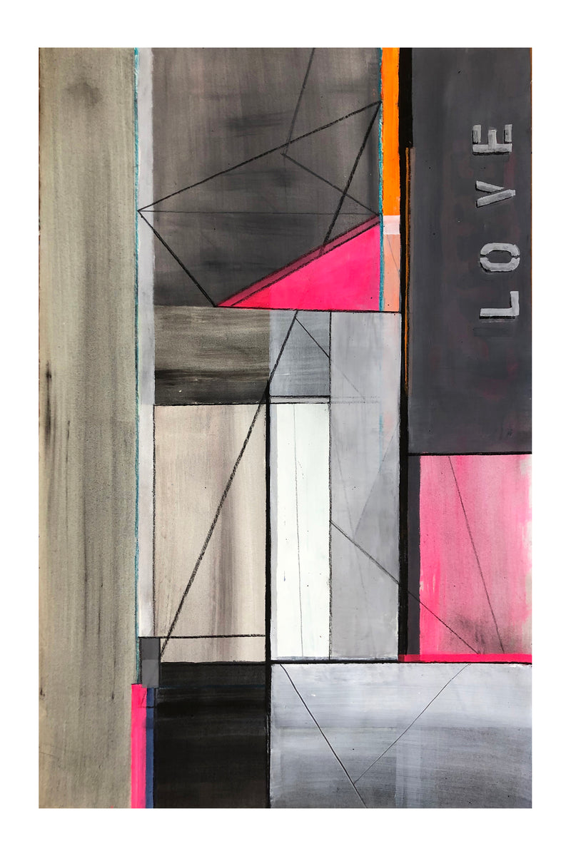 LV No. 3: Original 44x28 abstract art by Shilo Ratner. Mixed media on paper with expressive linear design and LOVE text. Framed, ready to hang. Modern wall art