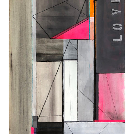 LV No. 3: Original 44x28 abstract art by Shilo Ratner. Mixed media on paper with expressive linear design and LOVE text. Framed, ready to hang. Modern wall art
