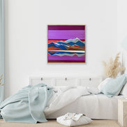 Mountain Valley geometric mountain art in bedroom by New Haven artist Shilo Ratner | original 30x30 purple and brown landscape painting