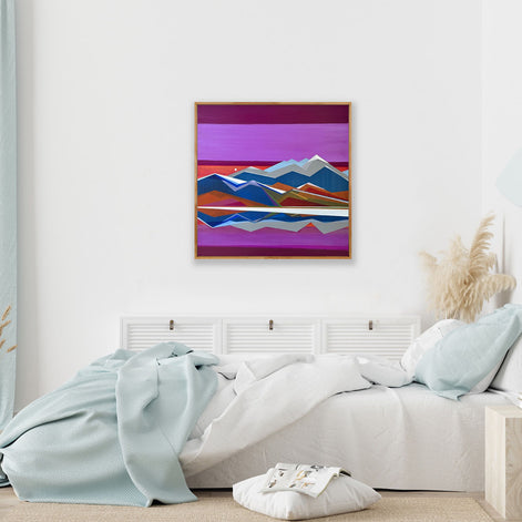 Mountain Valley geometric mountain art in bedroom by New Haven artist Shilo Ratner | original 30x30 purple and brown landscape painting