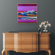 Mountain Valley purple geometric art on dark wall by Connecticut artist Shilo Ratner | original 30x30 mountain landscape painting