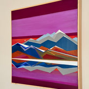 Mountain Valley side view - original 30x30 geometric purple mountain landscape painting by Connecticut artist Shilo Ratner | purple and brown dusk valley art detail
