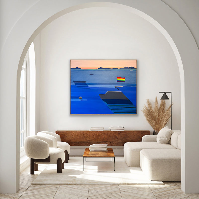 A-Boat-Named-Freedom 48x60 abstract painting by Shilo Ratner - geometric boat art with pride-flag rainbow in living-room