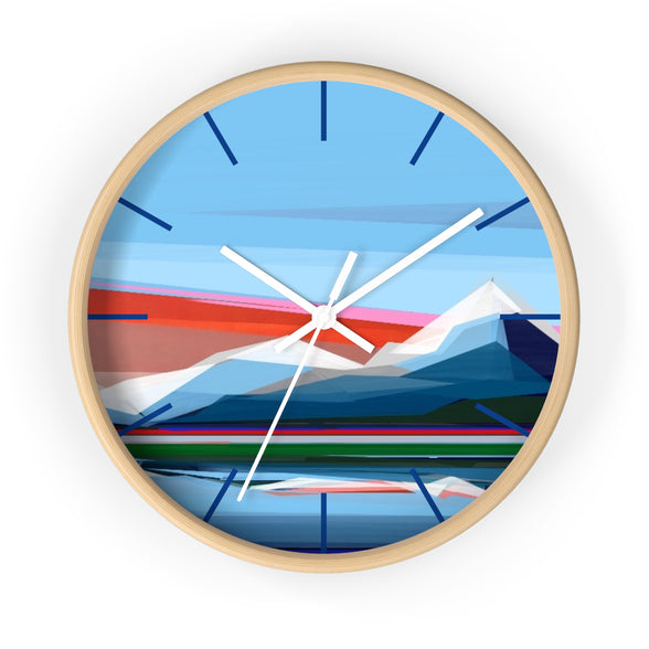 Reflection colorful geometric mountain clock 10 inch on white background - modern nature-inspired wall clock by Shilo Ratner