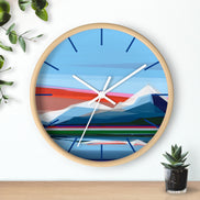Reflection geometric mountain wall clock 10 inch side view - colorful modern clock with natural wood frame by Shilo Ratner