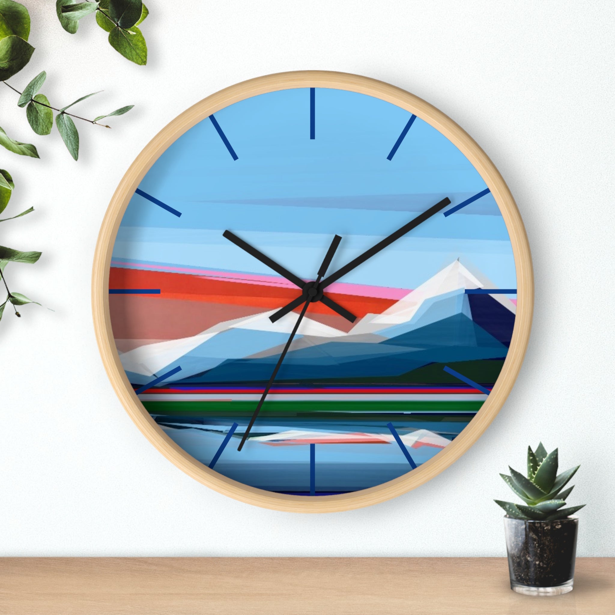 Reflection geometric mountain clock 10 inch side detail - silent mechanism modern clock with wood frame by Shilo Ratner