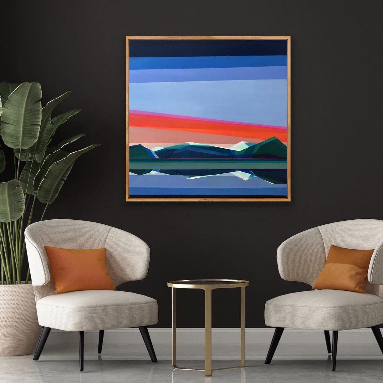 Reflection in Time blue orange geometric art on dark wall by Shilo Ratner | original 40x40 mirrored mountain landscape painting