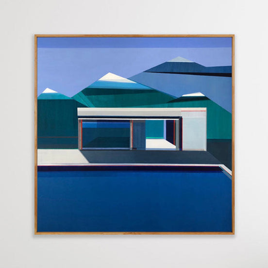 Up North - original 40x40 blue geometric mountain painting with architectural structure by Connecticut artist Shilo Ratner | modern abstract landscape art