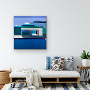 Up North architectural mountain landscape in living room by Shilo Ratner | original 40x40 blue geometric abstract painting