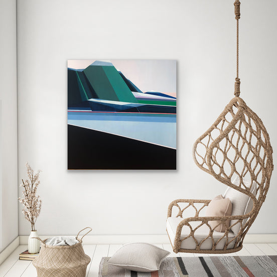 View From Trail - original 40x40 minimalist geometric mountain trail painting by Connecticut artist Shilo Ratner | blue and green abstract landscape art