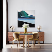 View From Trail blue and green geometric art in dining room by Shilo Ratner | original 40x40 minimalist mountain landscape painting
